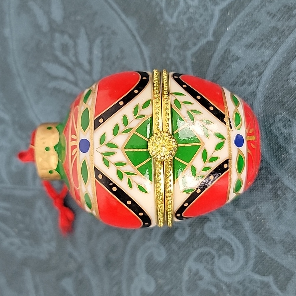 Vintage Christmas Ornate Enameled Ornament Egg Shape Hinged Box